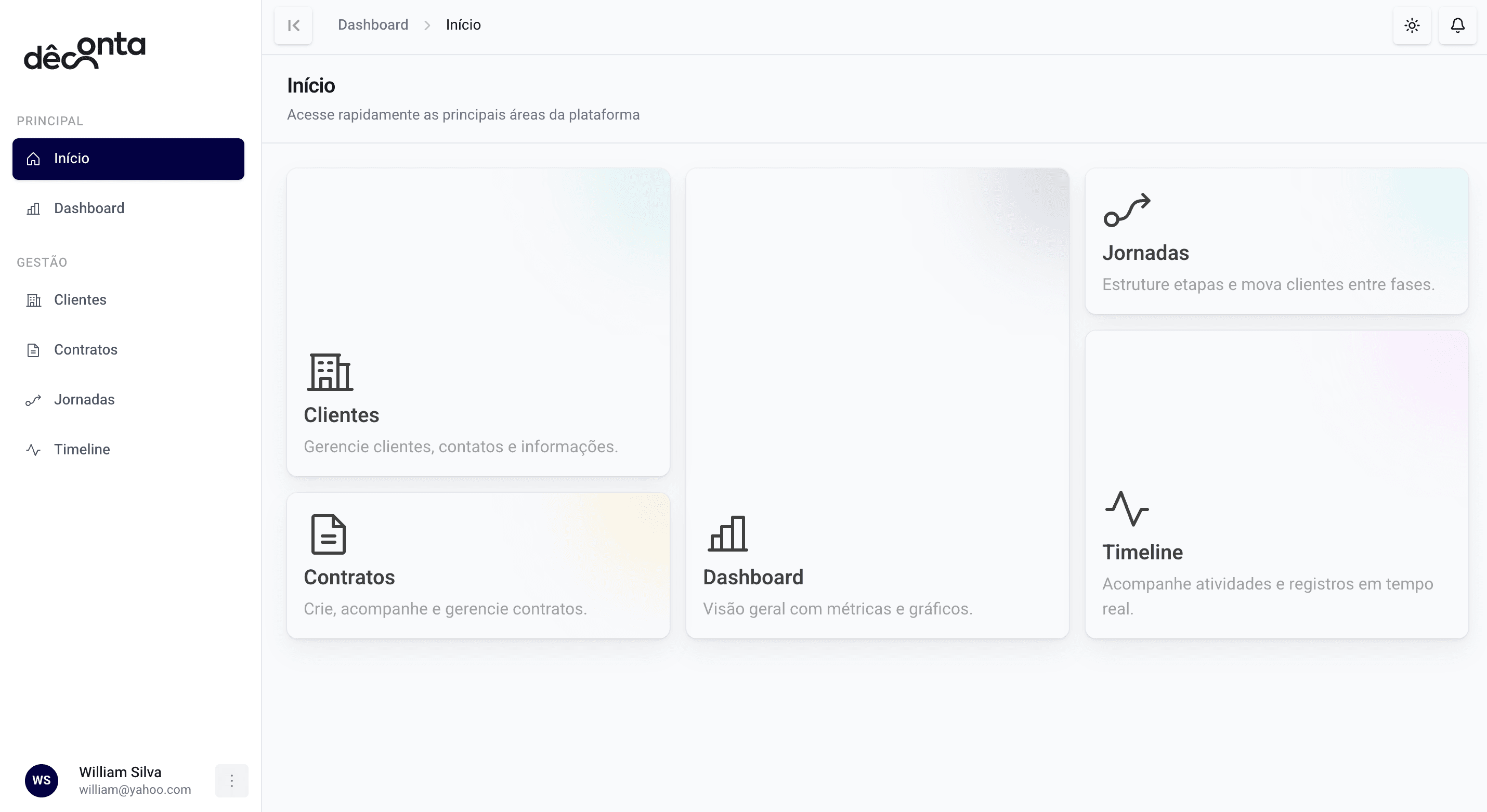 DeConta Dashboard - Sistema de gestão contábil mostrando métricas financeiras, honorários mensais, total de empresas e contratos ativos